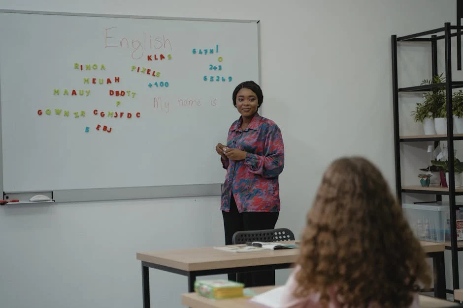 A teacher explaining English concepts to students in a classroom