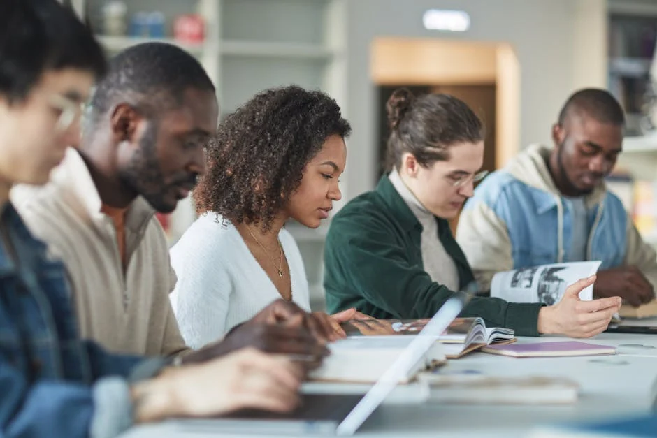 Diverse group of students studying together in a library